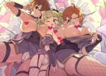  3girls ;) ;d blonde_hair blush breasts breasts_out cathy_graham censored commission detached_sleeves fishnet_sleeves fishnet_thighhighs fishnets fundoshi hand_guard heart heart_censor highres huge_breasts idolmaster idolmaster_cinderella_girls japanese_clothes kimono looking_at_viewer mary_cochran medium_breasts multiple_girls niku-name obi one_eye_closed orange_hair purple_kimono purple_sash salute sash skeb_commission smile thighhighs toes two-finger_salute yoshioka_saki 