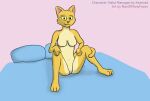 2024 bed bethesda_softworks blue_bed_sheet breasts digital_drawing_(artwork) digital_media_(artwork) featureless_breasts featureless_crotch felid female furniture hand_on_leg hi_res inner_ear_fluff katia_managan khajiit looking_at_viewer mammal manofmanyfaces multicolored_body navel pillow pink_background prequel_adventure shaded simple_background simple_shading sitting soft_shading solo tail tail_around_leg the_elder_scrolls tuft two_tone_body yellow_body yellow_sclera