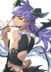  1boy absurdres alternate_costume arm_behind_back blurry bracelet chain closed_mouth commentary_request earrings facial_hair hand_up highres horns jewelry leon_(pokemon) long_hair male_focus pointy_ears pokemon pokemon_swsh purple_hair smile solo tail upper_body white_background yellow_eyes yunoru 