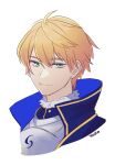  1boy absurdres aqua_eyes armor arthur_pendragon_(fate) artist_name blonde_hair closed_mouth cropped_shoulders fate/grand_order fate_(series) fur_trim highres looking_at_viewer male_focus portrait short_hair simple_background smile solo white_background yumyum 