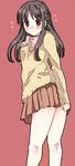  ass bad_id bad_pixiv_id blush brown_eyes brown_hair copyright_request covering covering_ass itsuka legs long_hair looking_back skirt solo sweater 