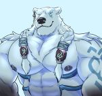 abs anthro bear biceps big_pecs fur hi_res humanoid league_of_legends looking_at_viewer male mammal muscular muscular_anthro muscular_male nipples nude pecs polar_bear riot_games simple_background smile solo teeth ursine volibear white_body white_fur zekebearr