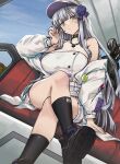  1girl 416_day costume_request crossed_legs expressionless from_below girls&#039;_frontline green_eyes grey_hair highres hk416_(girls&#039;_frontline) jacket looking_at_viewer persocon93 purple_hat sketch solo thighs visor_cap white_jacket 