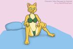 2024 anthro bed bethesda_softworks blue_bed_sheet breasts clothed clothing digital_drawing_(artwork) digital_media_(artwork) felid female furniture green_clothing green_underwear hand_on_leg hi_res inner_ear_fluff katia_managan khajiit looking_at_viewer mammal manofmanyfaces multicolored_body navel pillow pink_background prequel_adventure shaded simple_background simple_shading sitting soft_shading solo tail tail_around_leg the_elder_scrolls tuft two_tone_body underwear underwear_only yellow_body yellow_sclera