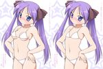  bikini blue_eyes blush comparison flat_chest hair_ribbon hands_on_hips hiiragi_kagami long_hair lucky_star midriff navel purple_hair ribbon side-tie_bikini solo sweatdrop swimsuit tanuki_yousuke translated twintails 