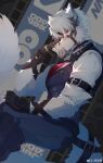 2024 absurd_res anthro belt bottomwear canid canine canis clothing fingerless_gloves fur gloves hair handwear hi_res looking_at_viewer male mammal mihoyo pants red_eyes shirt sitting solo tail topwear vest von_lycaon weibo weibo_id_7793638323 white_body white_fur white_hair wolf zenless_zone_zero