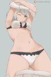  1girl animal_ears ass_visible_through_thighs breasts cat_ears cleavage clothes_lift from_below grey_background grey_hair highres lifted_by_self mio_(xenoblade) panties shirt_lift short_hair simple_background solo underwear undone_skirt undressing xenoblade_chronicles_(series) xenoblade_chronicles_3 zelc-face 