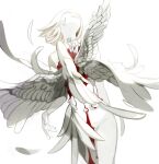  1girl 7wata_himori blonde_hair blood colored_skin fate/prototype fate/prototype:_fragments_of_blue_and_silver fate_(series) feathers growing_out_of_body highres looking_up navel nude sajou_manaka short_hair simple_background smile solo white_background white_skin white_wings wings 