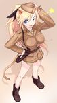  animal_ears blonde_hair blue_eyes boots breasts hand_on_hip holster katharine_ohare large_breasts long_hair one_eye_closed open_mouth shikkaku solo tail uniform world_witches_series 