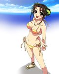  :d arms_behind_back bad_id bad_pixiv_id beach bikini brown_eyes brown_hair bun_cover day double_bun fujitaka_(akasora) kuuron_youma_gakuenki mole mole_under_eye navel open_mouth outdoors sandals side-tie_bikini smile solo swimsuit yachiho_asuka yellow_bikini 