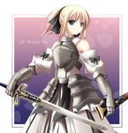  armor armored_dress artoria_pendragon_(all) blonde_hair caliburn dress fate/stay_night fate/unlimited_codes fate_(series) faulds green_eyes ribbon saber saber_lily solo sword weapon yukifuri 