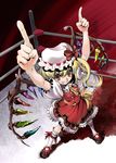  &gt;:) :d blonde_hair boxing_ring embellished_costume fangs flandre_scarlet foreshortening frills from_above grin hands hat kamina_pose looking_at_viewer open_mouth pointing pointing_up red_eyes short_hair smile solo standing touhou uirou_(uirou1) v-shaped_eyebrows wings 
