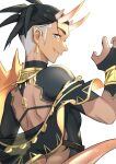  1boy absurdres alternate_costume aqua_eyes black_hair closed_mouth commentary_request earrings fang fang_out hand_up highres horns jewelry male_focus neck_ring pokemon pokemon_swsh raihan_(pokemon) short_hair shoulder_blades solo tail undercut upper_body white_background yunoru 