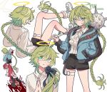  2others ascot bad_id bad_twitter_id black_ribbon black_shorts blue_jacket carrying carrying_person cigarette closed_mouth collared_shirt frown green_hair guro hair_between_eyes hair_ribbon halo hand_in_pocket highres holding_another&#039;s_hair holding_mace intestines jacket kei_(meremero) long_hair long_sleeves looking_at_viewer looking_up mace meremero multiple_others multiple_views o-ring o-ring_thigh_strap open_clothes open_jacket open_mouth original other_focus over_shoulder ribbon shirt shoes shorts smile smoke smoking sneakers spiked_mace spikes thigh_strap very_long_hair weapon weapon_over_shoulder white_ascot white_background white_footwear white_shirt yellow_halo yui_(meremero) 