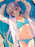  1girl bikini blue_bikini breasts chuutaro_metal cowboy_shot hood hooded_jacket jacket long_hair looking_at_viewer lying navel new_game! open_clothes open_jacket polka_dot polka_dot_bikini purple_eyes purple_hair side-tie_bikini_bottom small_breasts smile solo suzukaze_aoba swimsuit twintails white_jacket 