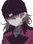  1boy aragaki_shinjirou beanie black_coat black_hat closed_mouth coat grey_hair hair_between_eyes hat long_hair male_focus persona persona_3 red_eyes shaded_face simple_background solo twitter_username upper_body w_wota white_background 