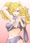  abo_(hechouchou) ayla_(chrono_trigger) bad_id bad_pixiv_id blonde_hair blue_eyes breasts chrono_trigger curly_hair long_hair medium_breasts midriff one_eye_closed solo underboob 