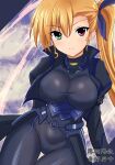  1girl black_bodysuit blonde_hair blush bodysuit breasts closed_mouth hair_ribbon heterochromia highres large_breasts long_hair looking_at_viewer lyrical_nanoha magical_girl mahou_shoujo_lyrical_nanoha_strikers mahou_shoujo_lyrical_nanoha_vivid ponytail ribbon side_ponytail solo usuba_kagerou_(shougyouchu) vivio 