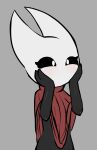 2_horns animal_humanoid anthro arthropod arthropod_humanoid belly black_arms black_belly black_body black_sclera cloak clothing e254e female hand_on_face happy hi_res hollow_knight horn hornet_(hollow_knight) humanoid insect insect_humanoid mask mouthless noseless red_cloak red_clothing simple_background solo team_cherry white_eyes