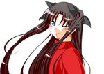  ;o blue_eyes blush fate/stay_night fate_(series) kirimitsu long_hair long_sleeves looking_at_viewer one_eye_closed parted_lips sidelocks simple_background solo sweater toosaka_rin two_side_up very_long_hair white_background 