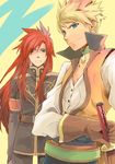  alternate_costume asch ayumiso blonde_hair choker gloves green_choker green_eyes guy_cecil long_hair lowres male_focus multiple_boys red_hair smile sword tales_of_(series) tales_of_the_abyss weapon yellow_background 