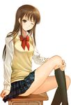  black_hair black_legwear hijiri_ruka one_eye_closed original school_uniform sitting skirt solo thighhighs 