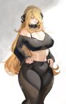  1girl artist_name bare_shoulders black_bra black_pants black_shirt blonde_hair blush bra breasts chaichne cleavage curvy cynthia_(pokemon) english_commentary fur-trimmed_sleeves fur_collar fur_trim grey_eyes hair_ornament hair_over_one_eye hands_on_own_hips highres large_breasts long_hair mature_female midriff navel off-shoulder_shirt off_shoulder pants pokemon pokemon_dppt shirt smile solo thick_thighs thighs tight_clothes tight_pants underwear very_long_hair wide_hips 