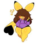 anthro big_breasts black_bottomwear black_clothing black_shorts black_tail_tip bottomwear breasts brown_hair clothing dipstick_tail female full-length_portrait fur generation_1_pokemon glistening glistening_body hair hair_over_eyes heart_symbol hi_res hidden_eyes long_hair markings nintendo open_mouth pikachu pokemon pokemon_(species) portrait purple_clothing purple_sweater purple_topwear red_cheeks short_stack shorts smile solo standing sweater tail tail_markings thick_thighs topwear voitallia wide_hips yellow_body yellow_fur