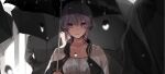  1girl 7wata_himori black_umbrella closed_mouth dark-skinned_female dark_skin dress fate/prototype fate/prototype:_fragments_of_blue_and_silver fate_(series) hassan_of_serenity_(fate) highres jacket looking_at_viewer people purple_eyes purple_hair rain solo_focus umbrella upper_body white_dress 