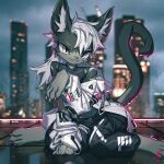 1:1 2023 :3 absurd_res anthro barefoot blaedic blurred_background building character_name claws clothed clothing cloud crescen_(crescencat) crop_top detailed_background domestic_cat feet felid feline felis front_view hair handpaw hi_res inner_ear_fluff jacket long_hair looking_at_viewer male male_anthro mammal off_shoulder on_roof open_clothing open_jacket open_topwear outside overcast partially_clothed paws portrait pupils raised_tail shirt sitting sky skyline skyscraper slit_pupils solo tail tan_eyes text text_on_clothing topwear tuft white_claws white_clothing white_hair white_jacket white_topwear
