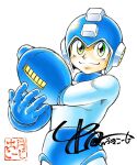  1boy android arm_cannon artist_logo blue_bodysuit blue_helmet bodysuit cowboy_shot green_eyes helmet highres idetsuki_kouji male_focus mega_buster mega_man_(character) mega_man_(classic) mega_man_(series) signature simple_background smile solo weapon white_background 