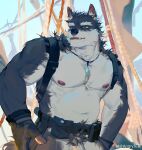  1boy abs absurdres angryhuiye bara belly blue_fur chest_tuft cowboy_shot furry furry_male highres large_pectorals looking_to_the_side male_focus muscular muscular_male necklace_between_pecs nipples original pectorals plump short_hair solo standing topless_male tusks 