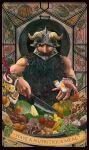  1boy beard border brown_hair cooking dungeon_meshi dwarf egg_(food) facial_hair fake_horns food helmet highres holding holding_knife horned_helmet horns incoming_food kingcael knife long_beard looking_at_viewer male_focus ornate_border realistic senshi_(dungeon_meshi) solo thick_mustache toned toned_male very_long_beard 