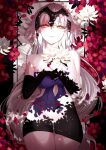  1girl absurdres bare_shoulders black_dress black_gloves breasts cleavage dress elbow_gloves fate/grand_order fate_(series) flower gloves grey_hair headpiece highres jeanne_d&#039;arc_alter_(avenger)_(fate) jeanne_d&#039;arc_alter_(fate) large_breasts long_hair looking_at_viewer purple_dress ri_o_ne_su solo thighs very_long_hair yellow_eyes 