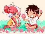  &gt;_&lt; 1boy 1girl aged_down arm_up black_hair boots child closed_eyes commentary_request cross dress english_commentary flower hair_over_one_eye headphones holding holding_flower long_sleeves looking_at_another magu_pink monkey_d._luffy multicolored_hair one_piece purple_eyes red_hair shirt short_hair signature sitting smile t-shirt two-tone_hair uta_(one_piece) white_hair white_shirt yellow_dress 