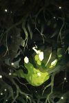  colored_skin commentary_request dark_background eye_trail glowing glowing_eyes green_skin highres light_trail looking_at_viewer pokemon pokemon_(creature) roots solo wulie_errr zygarde zygarde_(50) 