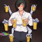  1girl alcohol beer beer_glass black_hair blush bra bra_visible_through_clothes censored chainsaw_man collarbone collared_shirt dark_background english_commentary extra_arms eyepatch green_eyes highres himeno_(chainsaw_man) indoors long_sleeves looking_at_viewer mosaic_censoring open_collar pants rainbow see-through see-through_shirt shirt short_hair smile solo sparkle sweat sweaty_clothes underwear vomit white_shirt yuqi_non 