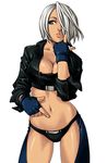  angel_(kof) blue_eyes breasts chaps cleavage fingerless_gloves gloves hair_over_one_eye jacket large_breasts leather leather_jacket lips midriff nakano_tomokazu navel official_art open_clothes open_shirt shirt short_hair solo the_king_of_fighters the_king_of_fighters_neowave white_hair 