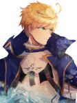  1boy ahoge aqua_eyes armor arthur_pendragon_(fate) blonde_hair blue_cape breastplate cape closed_mouth ebi_(6_5) facing_to_the_side fate/grand_order fate_(series) highres looking_ahead male_focus short_hair simple_background smile solo upper_body white_background 