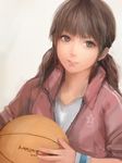  bad_id bad_pixiv_id ball basketball brown_eyes brown_hair gym_uniform light_smile long_hair looking_at_viewer miche original parted_lips realistic simple_background sleeves_rolled_up solo star wristband 