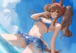 1girl alternate_costume angelina_(arknights) animal_ears arknights bare_shoulders bikini bikini_skirt blue_bikini blue_sky blurry breasts brown_hair closed_mouth commentary_request depth_of_field dutch_angle fox_ears fox_girl hairband hand_up long_hair looking_at_viewer medium_breasts navel ocean red_eyes red_hairband sky smile solo sora_mame_(princess_0sora) striped_clothes striped_hairband swimsuit twintails wading 