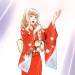  blonde_hair braid earrings hands japanese_clothes jewelry kimono long_hair macross macross_frontier microphone minazuki_tsuyuha sheryl_nome solo 