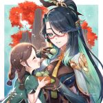  2girls :d ^_^ aqua_hair bird black_gloves black_hair braid brown_hair closed_eyes colored_inner_hair commentary_request crane_(animal) dress facing_another food genshin_impact glasses gloves green_dress green_eyes grin highres holding holding_food karanashi_mari long_hair multicolored_hair multiple_girls open_mouth ponytail puffy_short_sleeves puffy_sleeves short_sleeves shuyu_(genshin_impact) smile twin_braids twintails upper_body xianyun_(genshin_impact) yuandai_(genshin_impact) 