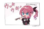  1girl black_jacket blue_eyes blush collared_shirt commentary_request gun hair_between_eyes hair_ornament hairclip highres holding holding_gun holding_weapon jacket kashikaze kuramochi_meruto kuramochi_meruto_(1st_costume) long_hair long_sleeves neck_ribbon nijisanji open_mouth pink_hair pink_ribbon ribbon shirt side_ponytail solo translation_request virtual_youtuber weapon white_shirt 