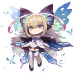  1girl absurdres antenna_hair azure_striker_gunvolt bare_shoulders black_sleeves blonde_hair blue_eyes breasts bug butterfly butterfly_hair_ornament butterfly_wings chibi cleavage detached_sleeves dress energy_wings glowing_butterfly hair_ornament hepari highres idol insect_wings long_hair long_sleeves lumen_(gunvolt) multicolored_hair pink_hair simple_background smile solo strapless strapless_dress thighhighs twitter_username two-tone_hair white_background white_dress white_thighhighs wide_sleeves wings 