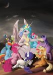  absurd_res apple_bloom_(mlp) applejack_(mlp) butt carrying_another cloud crescent_moon crown derpx1 derpy_hooves_(mlp) detailed_background earth_pony equid equine female feral fluttershy_(mlp) friendship_is_magic gesture granny_smith_(mlp) group hasbro headgear hi_res hill horn horse inspired_by_formal_art jewelry looking_at_another lying male mammal moon mrs._cake_(mlp) my_little_pony mythological_creature mythological_equine mythology night on_back on_side outside overcast parasprite_(mlp) pegasus pinkie_pie_(mlp) pony princess_celestia_(mlp) rainbow_dash_(mlp) rarity_(mlp) scootaloo_(mlp) sitting size_difference sky slightly_chubby spike_(mlp) sweetie_belle_(mlp) tiara tongue tongue_out twilight_sparkle_(mlp) unicorn winged_unicorn wings worship 