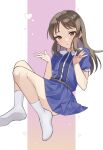  1girl ankle_socks blue_dress blush brown_eyes brown_hair commentary_request dddd_akagi dress hands_up highres idolmaster idolmaster_cinderella_girls idolmaster_cinderella_girls_u149 knees_up long_hair looking_at_viewer no_shoes parted_lips puffy_short_sleeves puffy_sleeves short_sleeves socks solo tachibana_arisu white_socks 