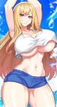  1girl absurdres arms_up blonde_hair blue_sky blush breasts collarbone commentary commission cowboy_shot crop_top crop_top_overhang day denim denim_shorts grin highres huge_breasts kitagawa_marin long_hair looking_at_viewer midriff navel nez-box pink_eyes short_shorts shorts sky smile solo sono_bisque_doll_wa_koi_wo_suru standing stomach tank_top thick_thighs thighs underboob very_long_hair white_tank_top 
