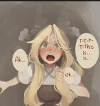  1girl after_sex apron blonde_hair blush brown_apron commentary cum cum_on_neck dress embarrassed english_commentary english_text facing_viewer freckles green_eyes highres long_hair open_mouth original short_sleeves solo speech_bubble standing sushoartworks sweat white_dress 