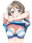  1girl blue_bra blue_eyes blue_shirt blush borgbutler bra breasts cleavage clothes_lift commentary_request highres lace_trim lifted_by_self light_brown_hair looking_at_viewer love_live! love_live!_sunshine!! medium_breasts medium_hair open_mouth shirt shirt_lift underwear undressing watanabe_you white_background 